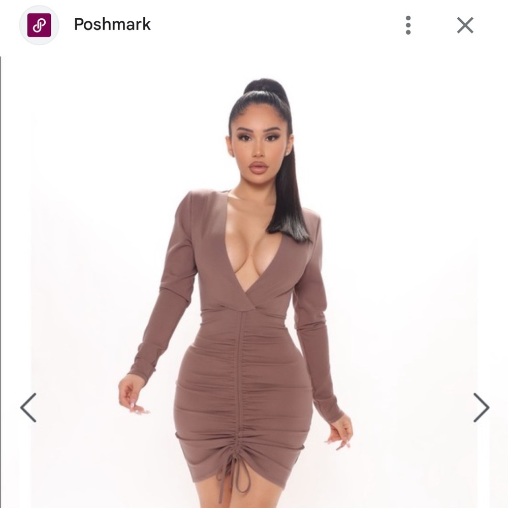 Fashion Nova Long Sleeve Ruched Dress - Brown